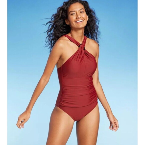 NWT Kona Sol Ring Crossover Ruched Full Coverage One Piece Swim Suit Size Medium - Picture 1 of 2